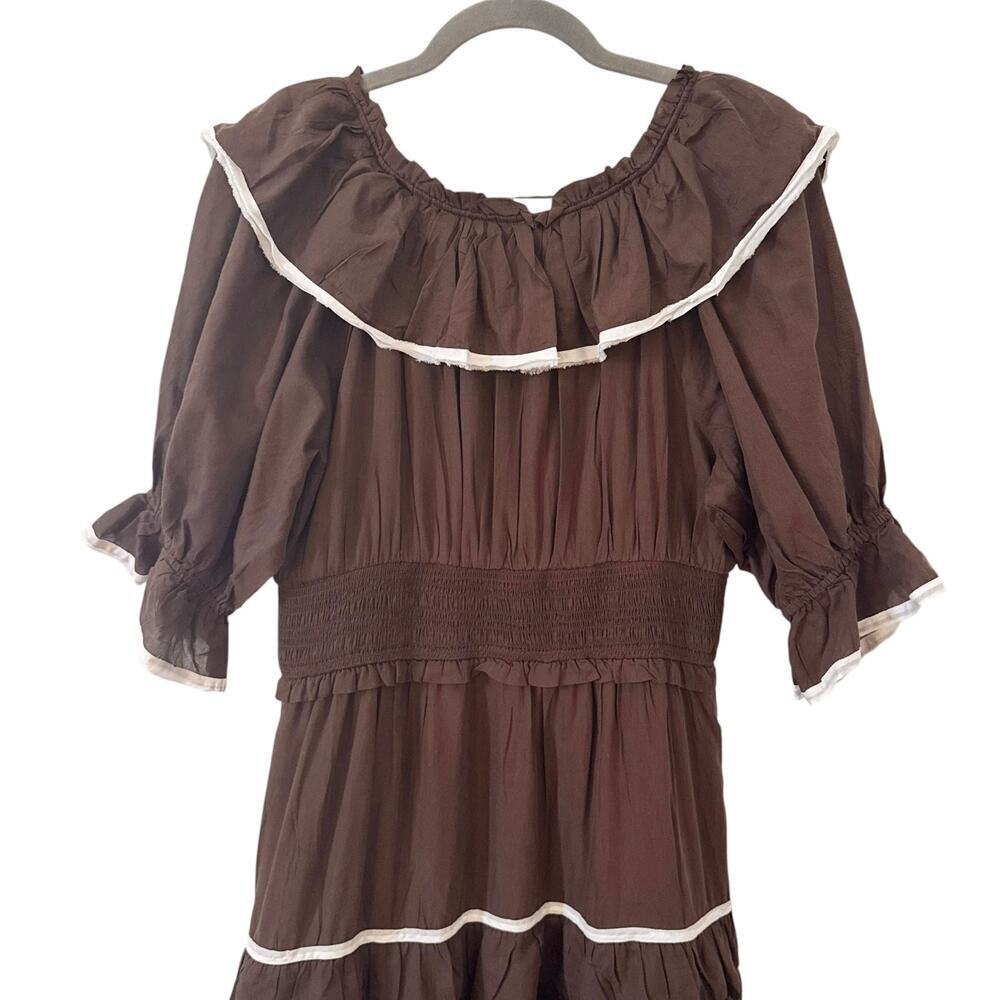 Anthropologie Puff Sleeve Scoop-Neck Tiered Maxi Dress Brown Western Size L - Picture 9 of 12